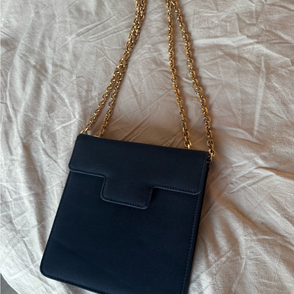 Structured Navy Crossbody Bag with Gold Chain Strap